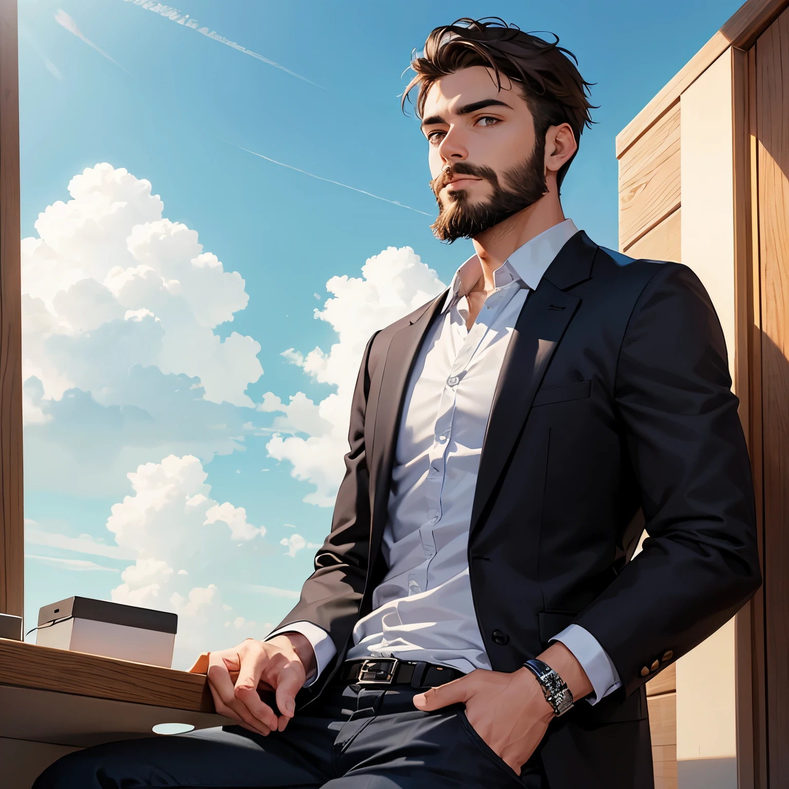 A young guy with beard, looking at the sky