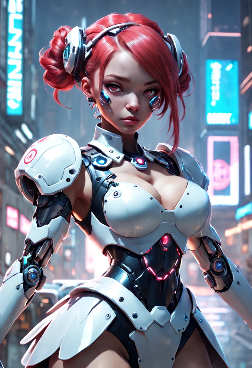 18year old, ((top-quality)), ((​masterpiece)), (high-detail:1.3), (upper body), (((front view))), Beautiful face (cyberpunked:1.3), ((Stylish woman in pink mech suit)), (((small breasts))), Slim waist, small buttocks, (Japanese beauty), superfine illustration, exaggerated hair, (neon pink hair with asymmetric pony tail), (no bra!), ((barechested!), ((nipple is visible!)), (no panties!), (pubic area is visible!), damaged skyscrapers!, (((cyborg body))), ((robot)), ((artificial legs)), ((cyber warfare)), war zone, industrial wasteland