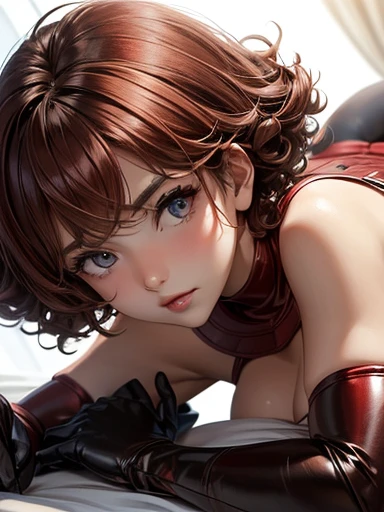 1girl in, red short hair,Spiral perm,,all-fours ,top down bottom up,  High quality, Stockings, gloves