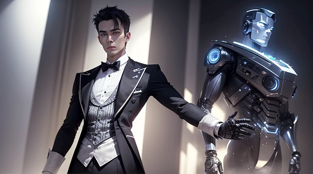 (Handsome robot wearing butler costume),black white light,Extremely intricate details,Top quality,correct anatomy