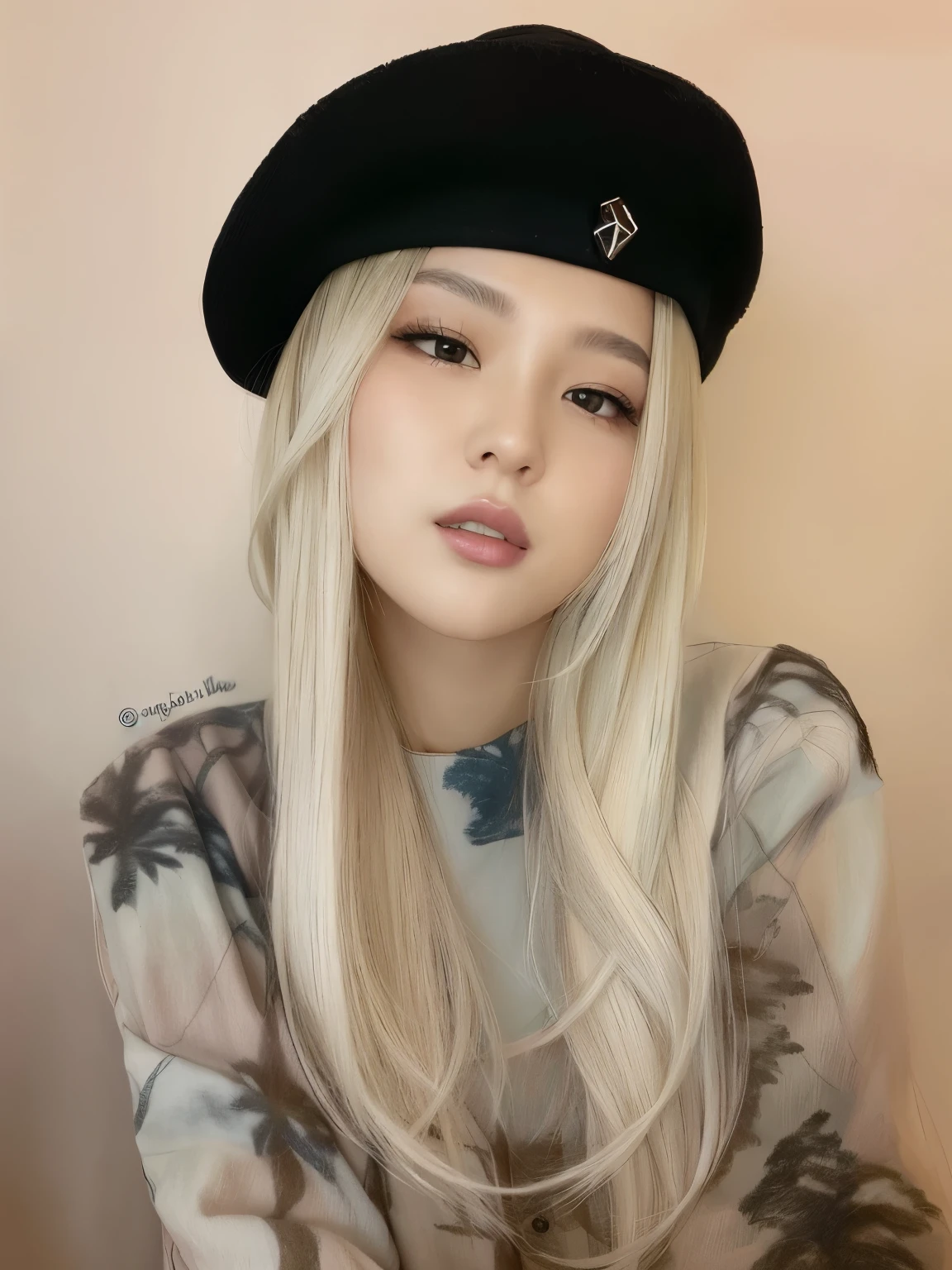 a Close up of a person wearing a hat and a shirt, Parque Roseanne do Blackpink, portrait of jossi do blackpink, com cabelos longos brancos, com longos cabelos brancos, her hair is white, menina perfeita de cabelos brancos, jossi do blackpink, Cl, menina coreana, Lalisa Manobal, maquiagem sul-coreana popular, wan adorable korean face