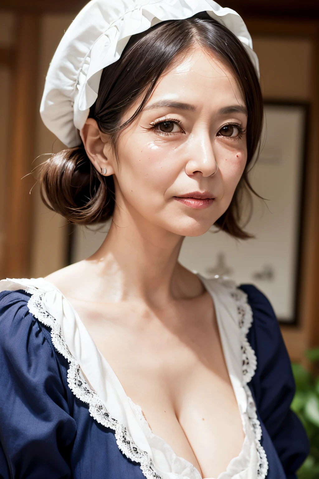 (masutepiece:1.2), High Definition, High quality,(60-year-old woman:1.2)、(Wrinkles on the face:1.2)、Beautie、raor gown, Sweet ****ta, Puffy sleeves,Big breasts