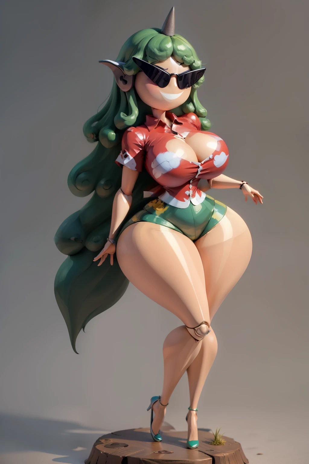 (best quality, top quality), masterpiece, best quality, sunnification, 1girl, short, curvy, thighs, plastic hair, joints, high heels, standing, white background, full body, doll, revealing clothes, big head, 1girl, solo, breasts, curvy, wide hips, narrow waist, joints, doll joints, cleavage, bursting breasts, huge breasts,1girl,single horn,long hair,green hair,curly hair,green eyes,red shirt,collared shirt, ,short sleeves,shorts,cloud print,buttons,tail, light from back