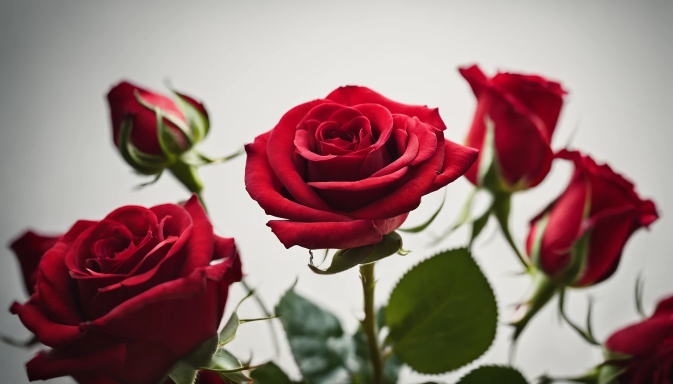 A high-definition image of a bouquet of bold, crimson roses against a solid white backdrop, showcasing the classic beauty of Valentine’s Day
