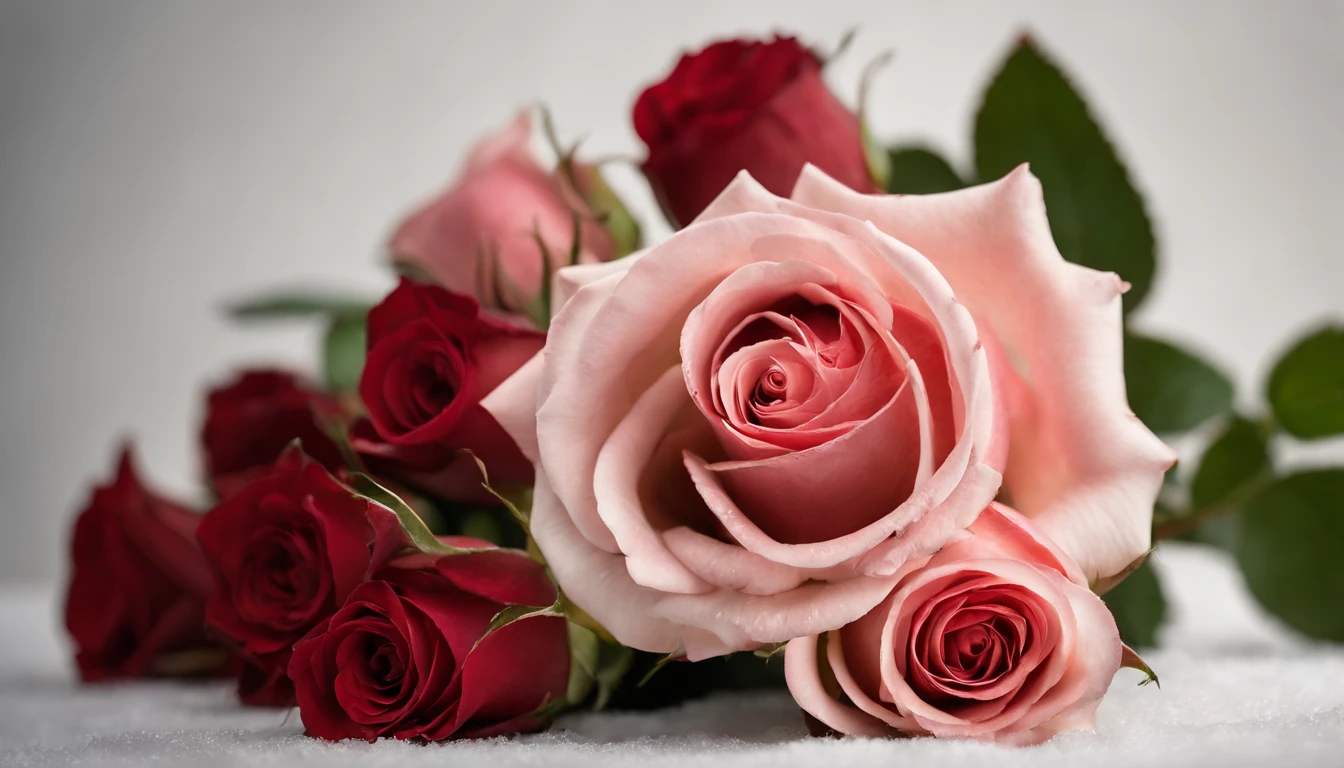 A high-definition image of a bouquet of bold, crimson roses against a solid white backdrop, showcasing the classic beauty of Valentine’s Day