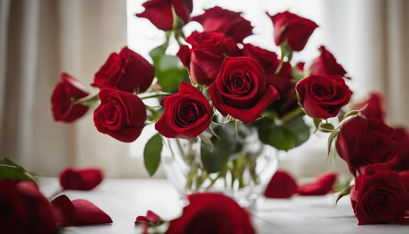 A high-definition image of a bouquet of bold, crimson roses against a solid white backdrop, showcasing the classic beauty of Valentine’s Day