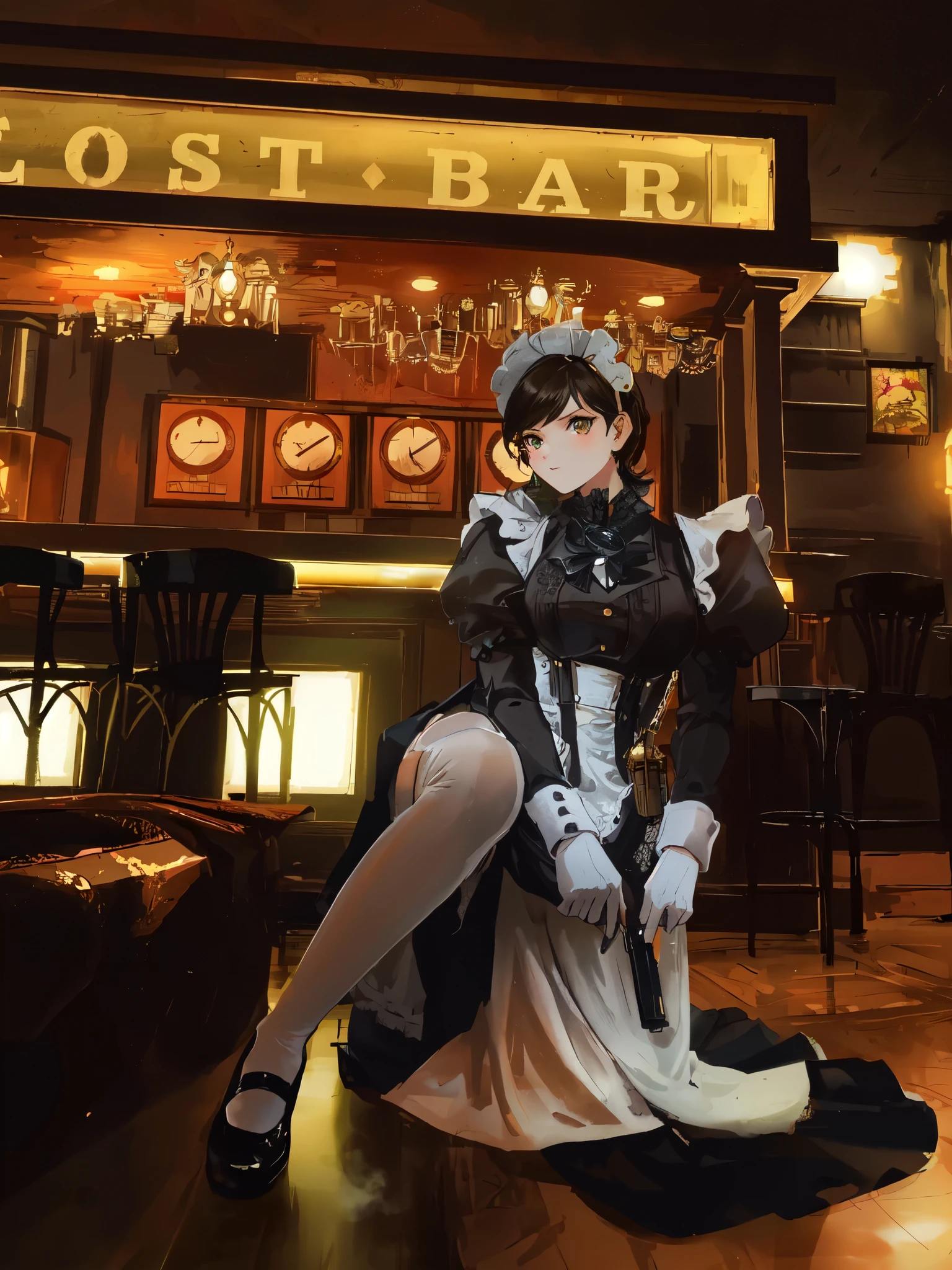 there is a woman sitting on a chair in a bar,  of a catboy! maid! dress, server, maid, maid outfit, like lady mechanika, steampunk era, rococo cyberpunk, elizabeth from bioshock infinite, in a steampunk world, magic and steam - punk inspired, steampunc, dieselpunk setting, steampunk