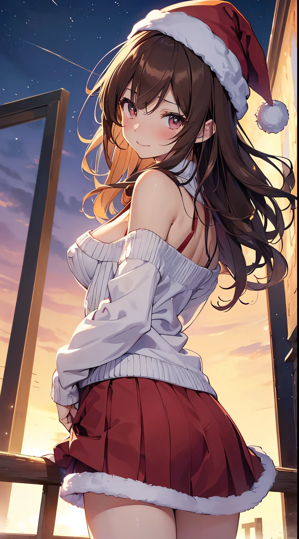 ((masutepiece, Best Quality, hight resolution, nffsw, Perfect Pixel, 4K, nffsw, nffsw))), 1girl in, Single, Solo, Beautie、full body seen、 ((Medium length wavy hair, Bangs, Brown hair)), ((Brown-eyed, Beautiful eyelashes, Realistic eyes)), ((Detailed face, Blushing:1.2)), ((Smooth texture:0.75, Realistic texture:0.65, Photorealistic:1.1, Anime CG style)), medium breasts, Dynamic Angle, Perfect body, (Santa Claus Costume、Red knitted hat、Red off-the-shoulder sweater、Long flared skirt、no-bra)), Christmas Lights、Looking up from the bottom of the stairs、Very embarrassing panic smile、Open your mouth and make a surprised face、 turned around、bending forward、(The wind flipped my skirt and exposed my butt.................................................、stick out your butt、Touching the buttocks with both hands、Pink lace panties)、
