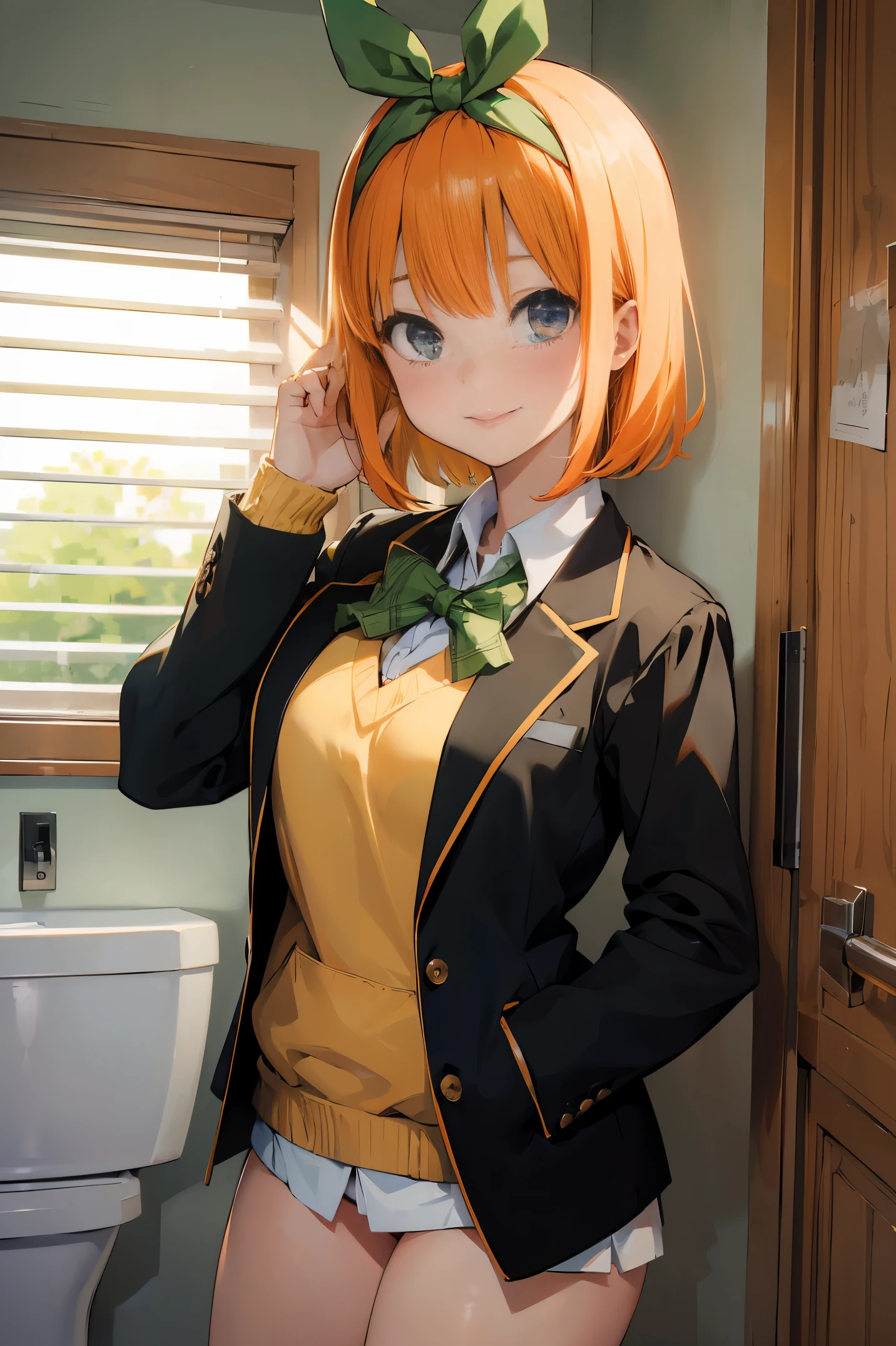 Nakano Yotsuba(The Bride of Fifths)、1girl, ​masterpiece、top-quality、NSFW, {{{pissing}}}、vagina, Orange pubic hair, {toilet room}、green hair bow, yellow sweater, black blazer,A slight smil、