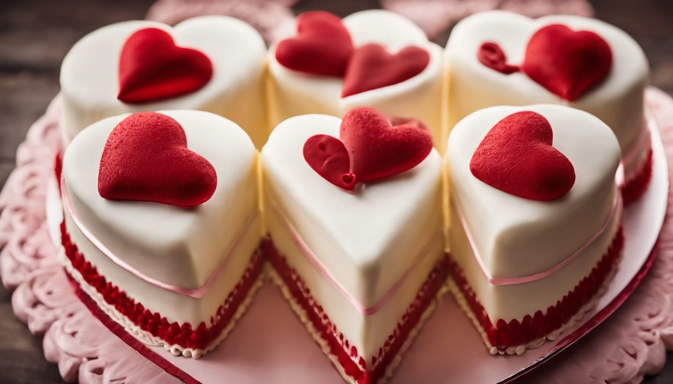 A high-definition image of a bold, crimson heart-shaped cake with intricate frosting designs, capturing the sweetness and indulgence of Valentine’s Day