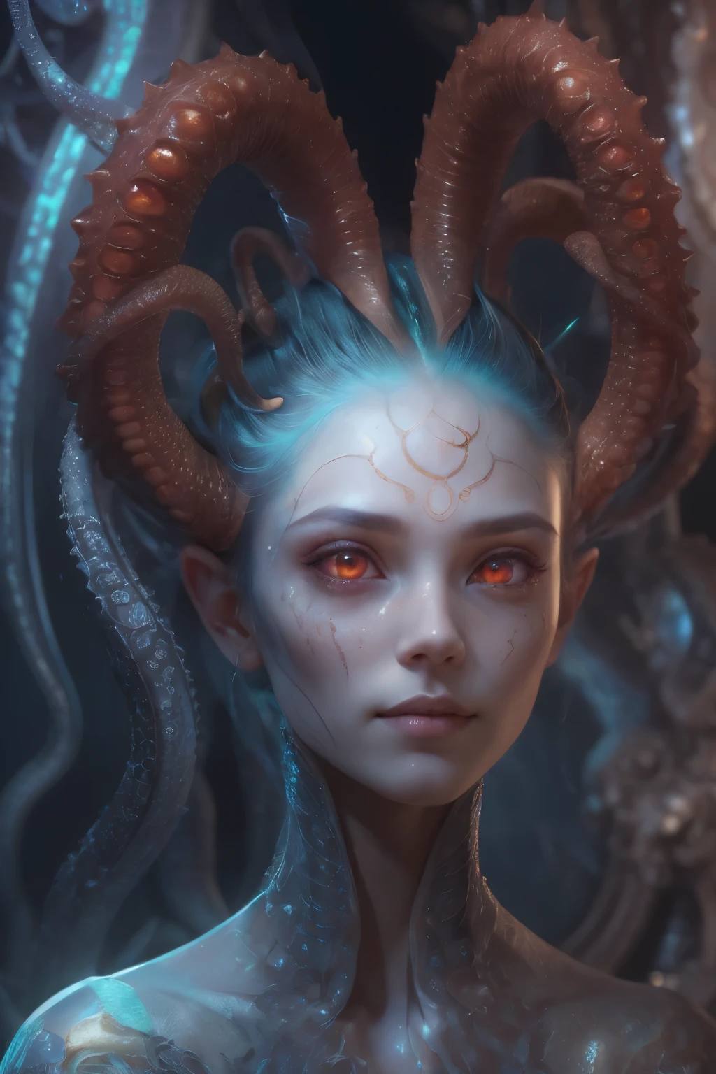 Portrait, (beautiful female alien:1.2), (she has red eyes with no pupils:1.8), (Translucent skin:1.7), (There is a female genital-like organ in the middle of the forehead.:1.9), (The most beautiful face in the history of the universe:1.2),an evil gaze that seduces, (large mouth:1.1), (sharp teeth like a vampire:1.2), Full body like, (bio luminescent:1.5), (Smile wickedly:1.3), (sexypose:1.5), alien, No humans, cells are fused, (Lots of translucent tentacles:1.3) extraterrestrial, cell, bio image, Best Quality, 8K,4K_quality, High Definition, Dramatic Lighting, masutepiece:1.5,cinematic quality, detail up, (Intricate details:1.2), High resolution, High Definition, drawing faithfully, (Thick eyebrows:1.2), Beautiful eyes with fine symmetry,(Highly detailed face and eyes:1.2), Intimate face, (Super detailed skin quality feeling:1.4), Perfect Anatomy, (Beautiful toned body:1.5), (Moist skin:1.2), No makeup, (dark circles:1.1), long canines, cinematic drawing of characters, ultra high quality model, cinematic quality, detail up, (Intricate details:1.2), High resolution, High Definition, drawing faithfully, Official art, Unity 8K wall , 8K Portrait, Best Quality, Very High resolution, ultra detailed artistic photography, midnight aura, unreal enginee 5, Ultra Sharp Focus, art by alberto seveso, ArtGerm, Roisch, intricate artwork, best quality, masutepiece, ultra High resolution, (photos realistic:1.4), Ultra-realistic realism, dream-like, nautilus, Creation of fantasy, Snail, Dream Snail, biopunk nautilus, Thrilling color schemes, Ultra-realistic realism, seductively smiling, Blue tentacles,