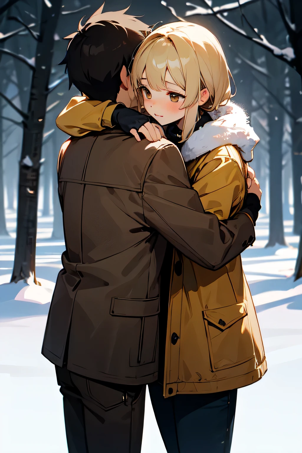 Winter landscape, Winter Forest, winter, snowfall. Beautiful blonde ., dressed in a yellow-brown jacket and a brown-eyed brunette boy of 13 years old blue jacket, hugging each other