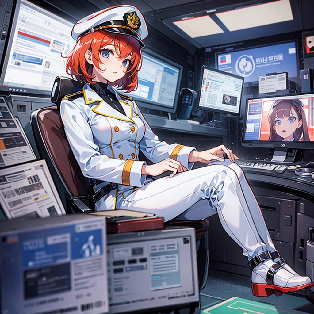（（（​masterpiece、Top image quality、top-quality、highly detailed unity 8ｋwall-paper）））、（Illustration of one woman）、30-years old、（Viceroy）、（（Red-haired shorthair））、（Thin hair hanging down both sides of the face）、Blue eyes、（（Tall））、（（Muscle Woman、stocky build、muscular legs、broad shoulders、solid chest））、（（Military uniforms））、（（Military Cap））、（（Military coat））、（white  clothes）、（White pants）、（White cap）、trench coat、、（（（manspreading、Sitting in the captain's seat）））、（（（Inside a futuristic spaceship、Surrounded by instruments and monitors、The Universe on the Monitor、Earth seen from space）））
