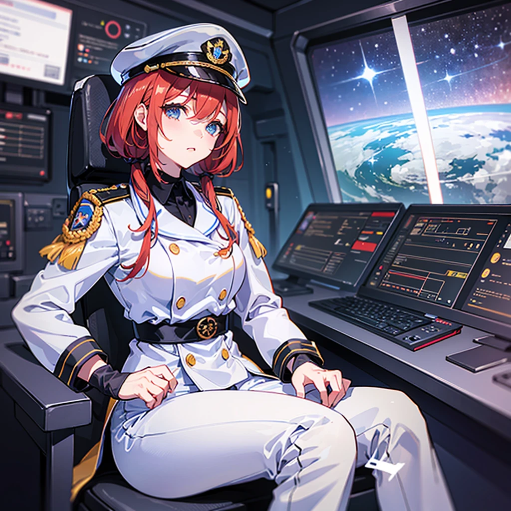 (((masterpiece、Top image quality、top-quality、highly detailed unity 8kwall-paper)))、(Illustration of one woman)、30-years old、(Viceroy)、((Red-haired shorthair))、(Thin hair hanging down both sides of the face)、Blue eyes、((Tall))、((Muscle Woman、stocky build、muscular legs、broad shoulders、solid chest))、((Military uniforms))、((Military Cap))、((Military coat))、(white clothes)、(White pants)、(White cap)、trench coat、、(((manspreading、Sitting in the captain's seat)))、(((Inside a futuristic spaceship、Surrounded by instruments and monitors、The Universe on the Monitor、Earth seen from space)))