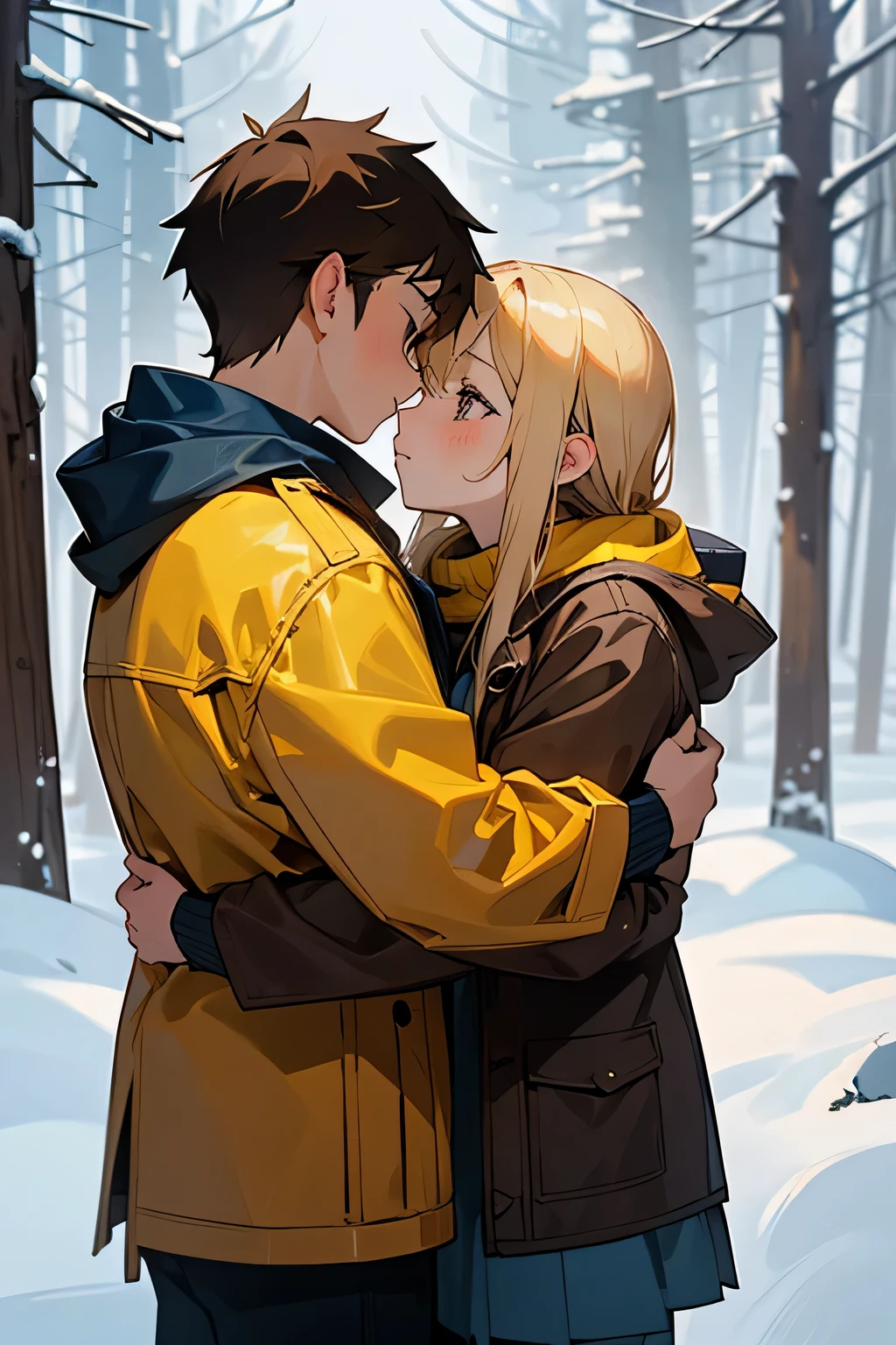 Winter landscape, Winter Forest, winter, snowfall. Beautiful blonde ., dressed in a yellow-brown jacket and a brown-eyed brunette boy of 13 years old blue jacket, Covering, Kiss