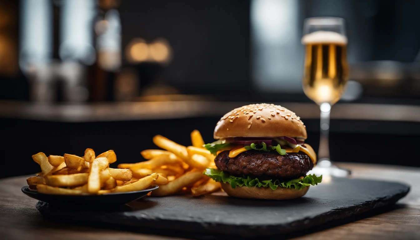 An aesthetic photo of a hamburger served on a trendy black slate plate with a side of golden crispy fries, showcasing the burger’s modern and stylish presentation