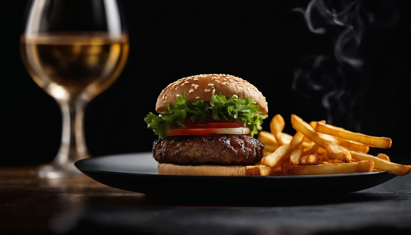 An aesthetic photo of a hamburger served on a trendy black slate plate with a side of golden crispy fries, showcasing the burger’s modern and stylish presentation