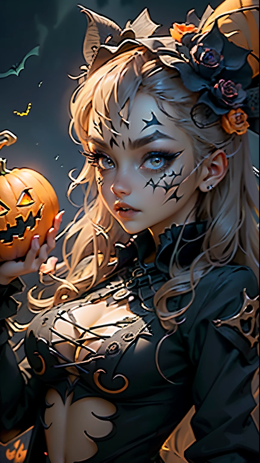 (Extremely detailed CG unity 8k wallpaper),(Masterpiece), (Best Quality), (Ultra-detailed), (Best Illustration),(best shadows), (sharp eyeliner, eyeshadows, Detailed Eyes:1.1), (halloween, night sky, jack-o'-lantern, :1.1), ,break, (vectorhalloween:1.2), ,