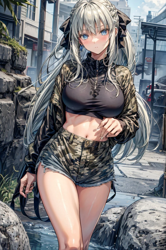 （Enrich the picture，Masterpiece level quality）Beautiful 8K CG artwork,1girl,solo,morgan le fay (fate),detailed face, perfect face, perfect eyes,blue eyes,Long Hair, pony tail,Very long hair, big boob, black bow,Hair Bow, thights,side locks, French braid, grey hair,chuckle,Slim and soft,big breasts,Black Bikini,denim short shorts,city camouflage military jacket,hands in pocket,combat boots,