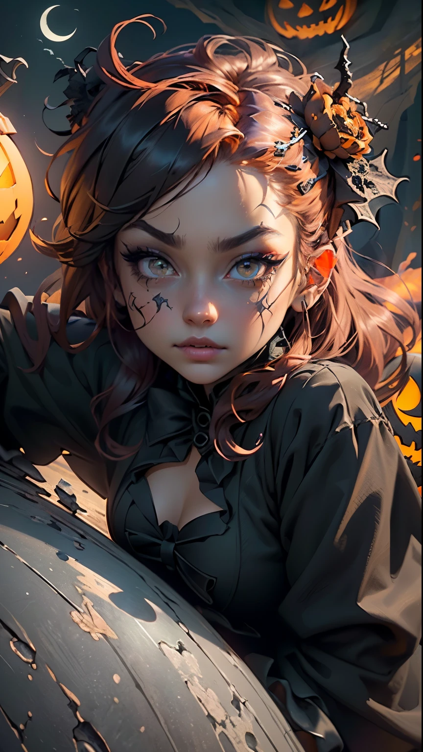 Fotoretrato de uma mulher jovem usando fantasia de halloween, With Halloween-themed background. foco nítido. Imagem realista altamente detalhada, detalhes intricados. UHD, 8k