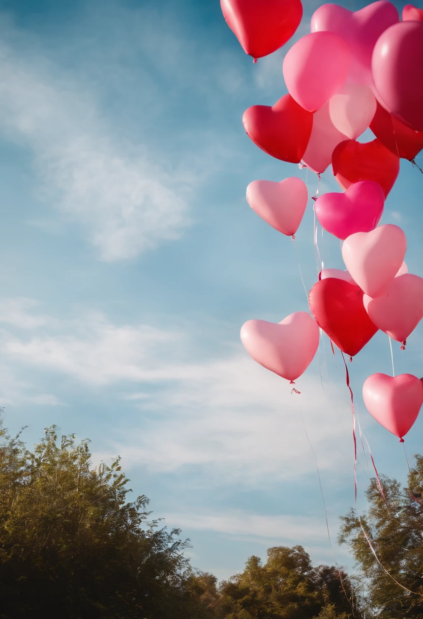 An aesthetic photo of an arrangement of heart-shaped balloons in various shades of pink and red against a bright, blue sky, creating a whimsical backdrop