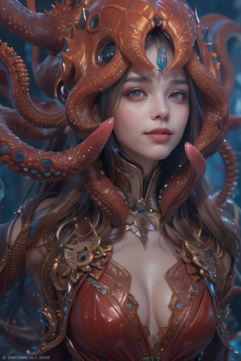 Portrait, (beautiful female alien:1.2), (she has red eyes with no pupils:1.8), (Translucent skin:1.7), (There is a female genital-like organ in the middle of the forehead.:1.9), (The most beautiful face in the history of the universe:1.2),an evil gaze that seduces, (large mouth:1.1), (sharp teeth like a vampire:1.2), Full body like, (bio luminescent:1.5), (Smile wickedly:1.3), (sexypose:1.5), alien, No humans, cells are fused, (Lots of translucent tentacles:1.3) extraterrestrial, cell, bio image, Best Quality, 8K,4K_quality, High Definition, Dramatic Lighting, masutepiece:1.5,cinematic quality, detail up, (Intricate details:1.2), High resolution, High Definition, drawing faithfully, (Thick eyebrows:1.2), Beautiful eyes with fine symmetry,(Highly detailed face and eyes:1.2), Intimate face, (Super detailed skin quality feeling:1.4), Perfect Anatomy, (Beautiful toned body:1.5), (Moist skin:1.2), No makeup, (dark circles:1.1), long canines, cinematic drawing of characters, ultra high quality model, cinematic quality, detail up, (Intricate details:1.2), High resolution, High Definition, drawing faithfully, Official art, Unity 8K wall , 8K Portrait, Best Quality, Very High resolution, ultra detailed artistic photography, midnight aura, unreal enginee 5, Ultra Sharp Focus, art by alberto seveso, ArtGerm, Roisch, intricate artwork, best quality, masutepiece, ultra High resolution, (photos realistic:1.4), Ultra-realistic realism, dream-like, nautilus, Creation of fantasy, Snail, Dream Snail, biopunk nautilus, Thrilling color schemes, Ultra-realistic realism, seductively smiling, Blue tentacles,