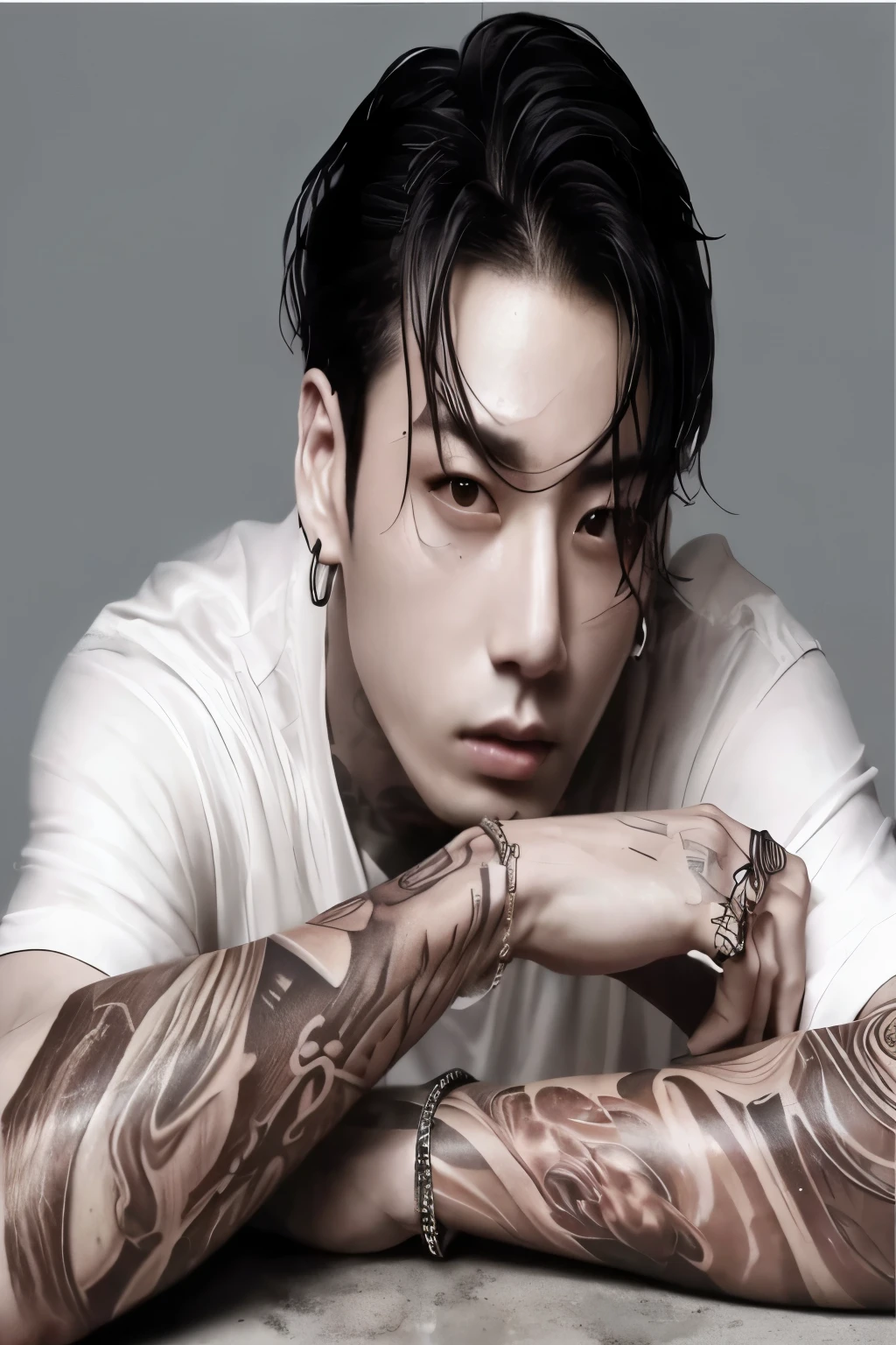 arafed man with tattoos on his arms and arms resting on a table, jungkook, glossy from rain, taejune kim, cai xukun, hyung tae, slick!!, korean artist, inspired by Zhu Da, style of hajime isayama, eddie, choi, realism art, desrt, inspired by Jeon Jungkook of BTS, jinyoung shin, rino