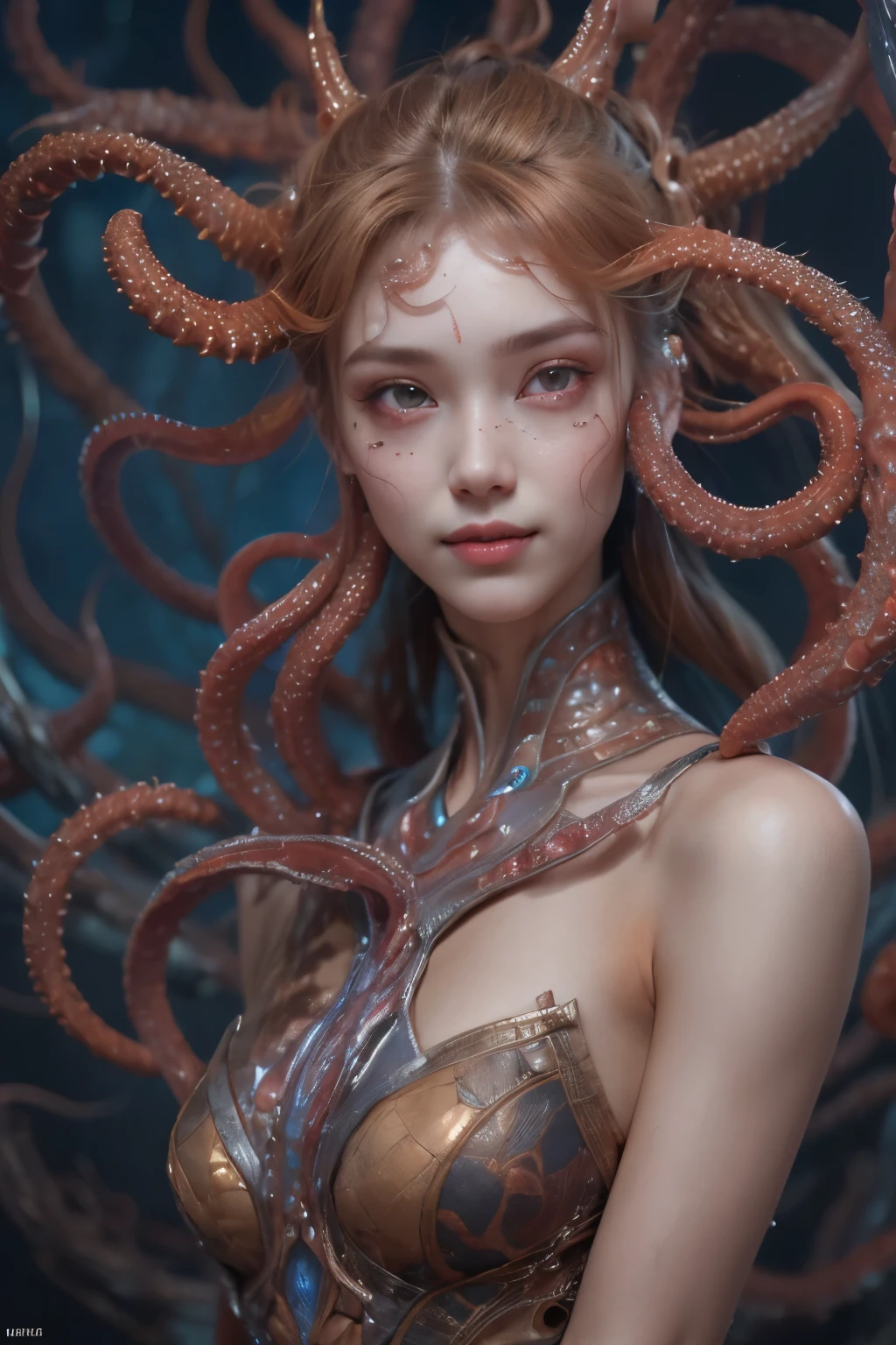 Portrait, (beautiful female alien:1.2), (she has red eyes with no pupils:1.8), (Translucent skin:1.7), (There is a female genital-like organ in the middle of the forehead.:1.9), (The most beautiful face in the history of the universe:1.2),an evil gaze that seduces, (large mouth:1.1), (sharp teeth like a vampire:1.2), Full body like, (bio luminescent:1.5), (Smile wickedly:1.3), (sexypose:1.5), alien, No humans, cells are fused, (Lots of translucent tentacles:1.3) extraterrestrial, cell, bio image, Best Quality, 8K,4K_quality, High Definition, Dramatic Lighting, masutepiece:1.5,cinematic quality, detail up, (Intricate details:1.2), High resolution, High Definition, drawing faithfully, (Thick eyebrows:1.2), Beautiful eyes with fine symmetry,(Highly detailed face and eyes:1.2), Intimate face, (Super detailed skin quality feeling:1.4), Perfect Anatomy, (Beautiful toned body:1.5), (Moist skin:1.2), No makeup, (dark circles:1.1), long canines, cinematic drawing of characters, ultra high quality model, cinematic quality, detail up, (Intricate details:1.2), High resolution, High Definition, drawing faithfully, Official art, Unity 8K wall , 8K Portrait, Best Quality, Very High resolution, ultra detailed artistic photography, midnight aura, unreal enginee 5, Ultra Sharp Focus, art by alberto seveso, ArtGerm, Roisch, intricate artwork, best quality, masutepiece, ultra High resolution, (photos realistic:1.4), Ultra-realistic realism, dream-like, nautilus, Creation of fantasy, Snail, Dream Snail, biopunk nautilus, Thrilling color schemes, Ultra-realistic realism, seductively smiling, Blue tentacles,