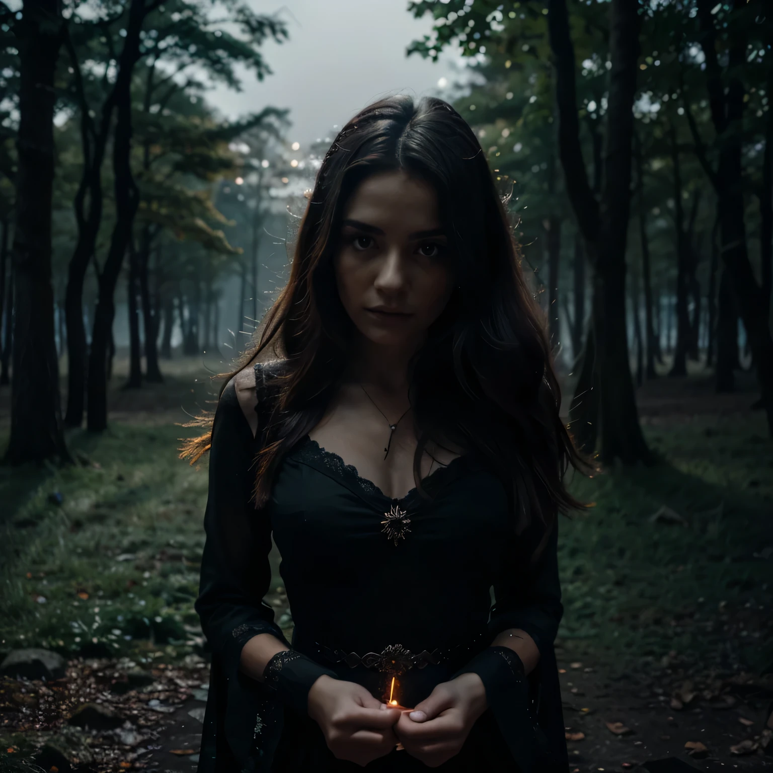 A woman in a black dress holding a lit candle in a forest - SeaArt AI