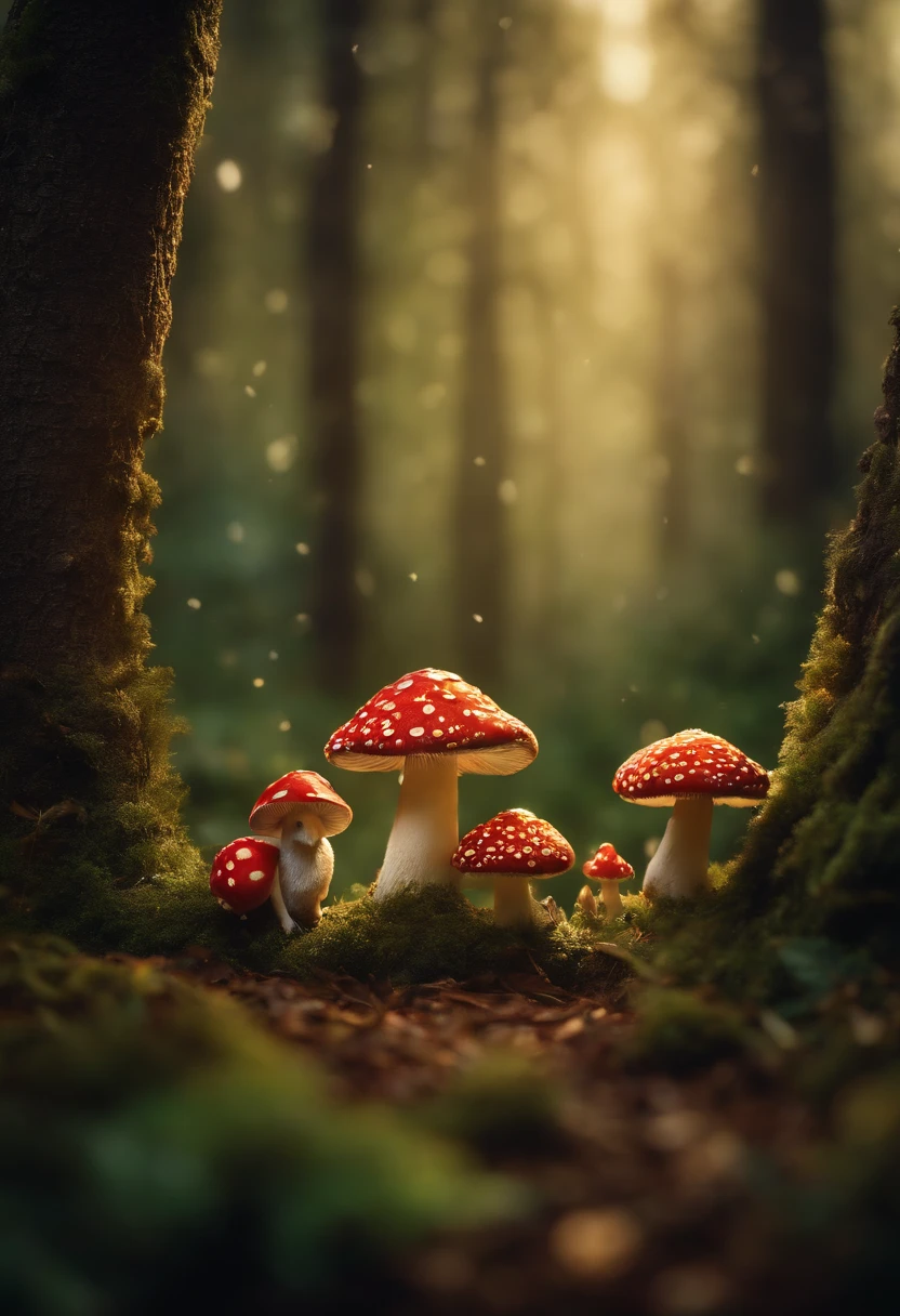 A whimsical, fairytale-inspired scene set in a magical forest, where vibrant mushrooms dot the forest floor and woodland creatures adorn the trees with twinkling lights