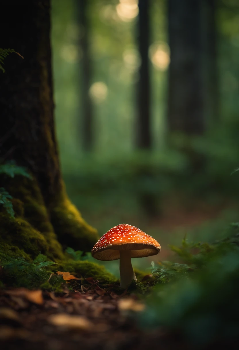 A whimsical, fairytale-inspired scene set in a magical forest, where vibrant mushrooms dot the forest floor and woodland creatures adorn the trees with twinkling lights