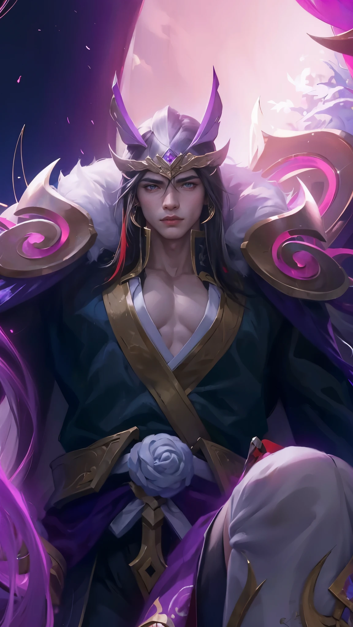 (Masterpiece:1.4), (best quality:1.2), enduring sword talon, 1boy, male focus, black hair, long hair, japanese clothes, hair ornament, white eyes