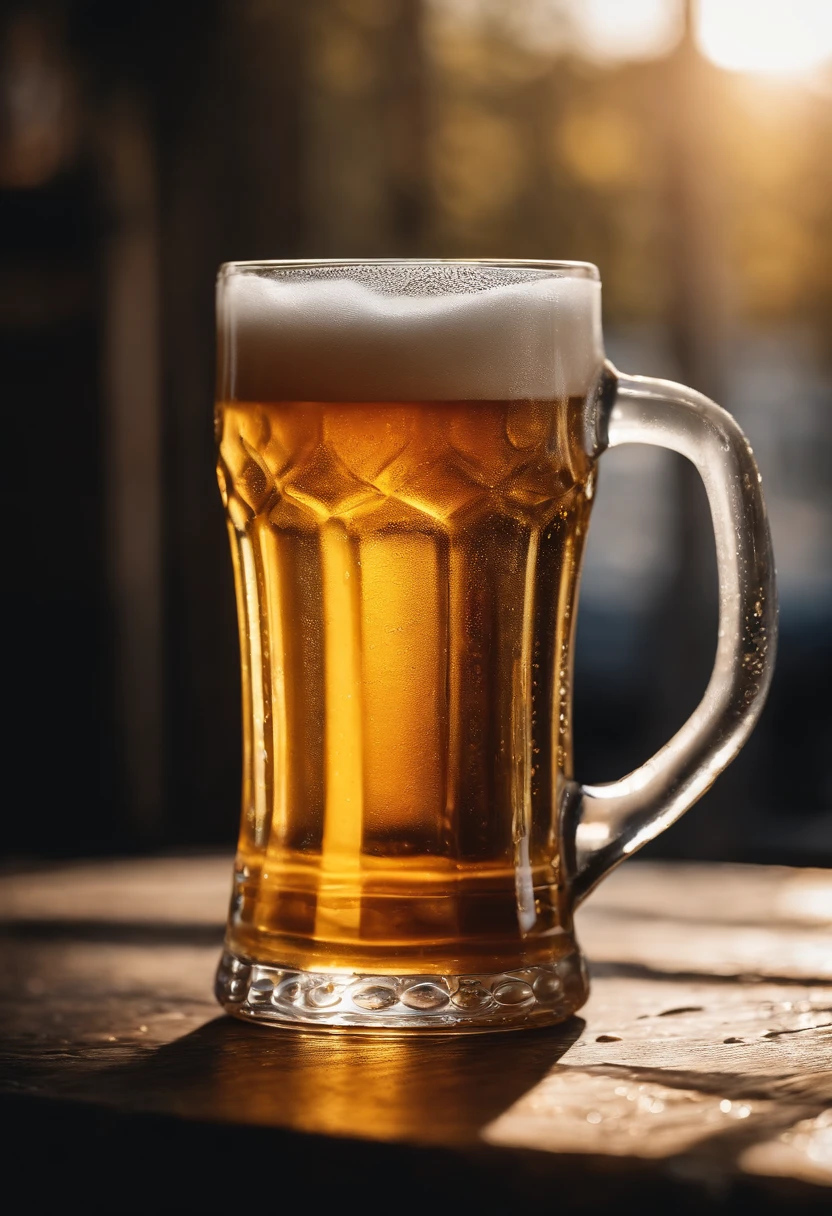 a close-up shot of a beer mug with condensation on the outside, emphasizing the beer’s refreshing and thirst-quenching qualities