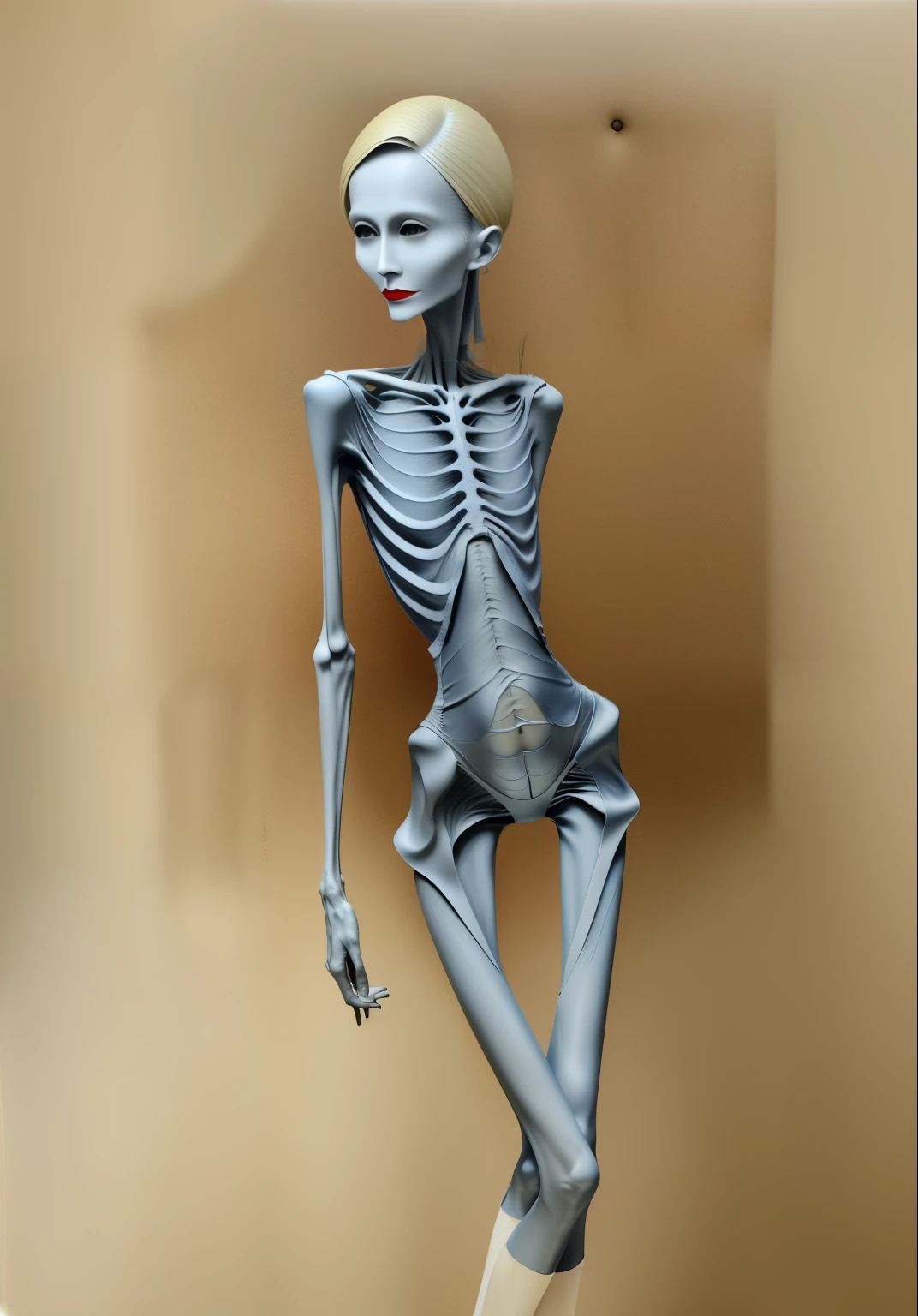 extremely thin woman，The body is very thin，Rib chest，Protruding sternum，The sternum is obvious，The waist is very thin，The ribs are noticeable，Protruding ribs，The pelvic protrusion is very obvious，Clear outline of pelvis，The crotch protrudes，thin shoulde，The waist is very thin，Sunken abdomen，Abdominal muscle atrophy，Delicate arms，arm muscle atrophy，Slender thighs，Knees are obvious，The leg bones are obvious，leg muscle atrophy，anorexia，Wear a tight leather jumpsuit，Asia face，Haggard expression，domestic violence，Excessive weight loss，sunken face，Apply lipstick，Severe malnutrition