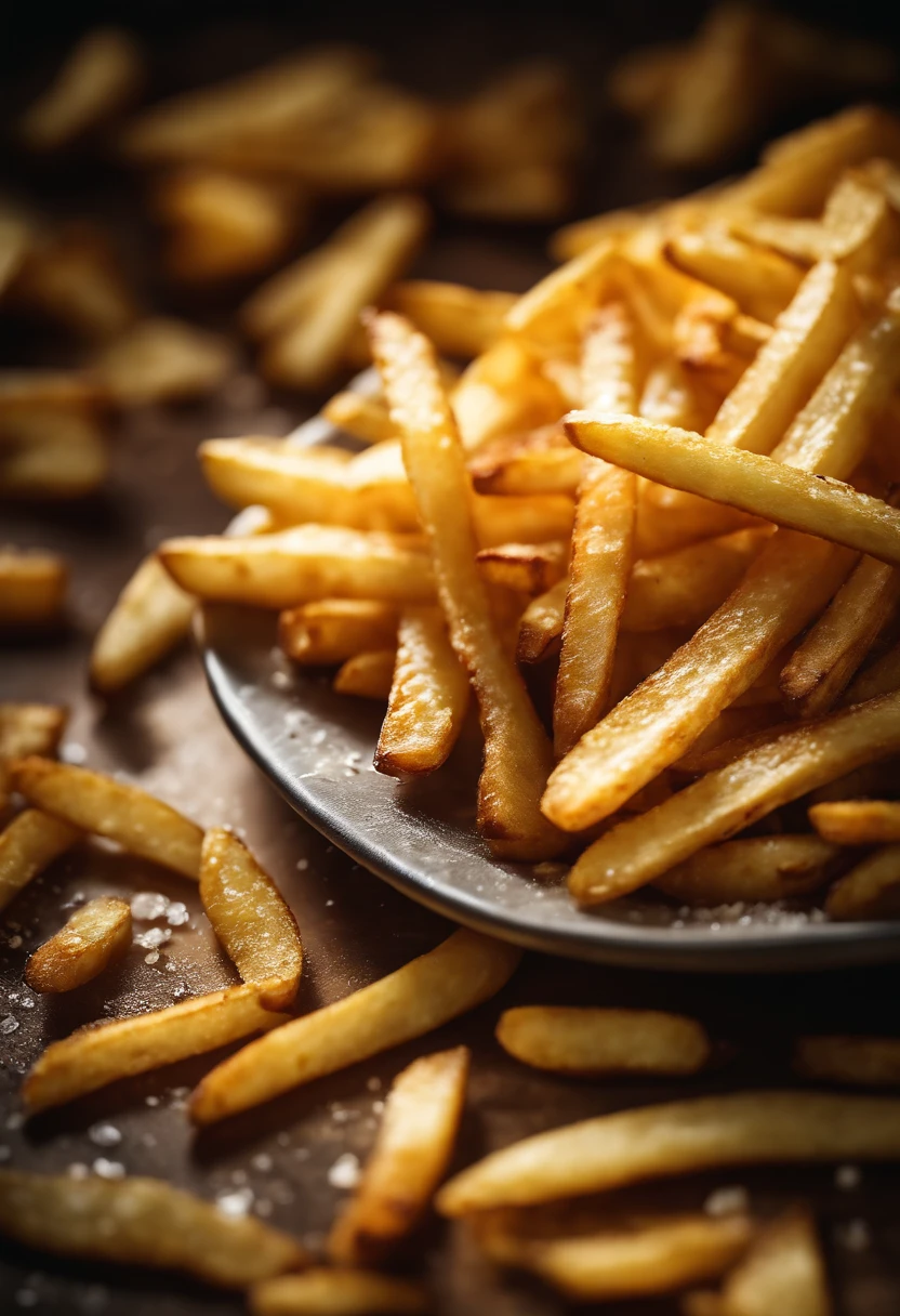 A high-resolution image of a plate of crispy, golden french fries, with the salt crystals glistening on their surface, capturing the irresistible appeal of this classic potato dish.