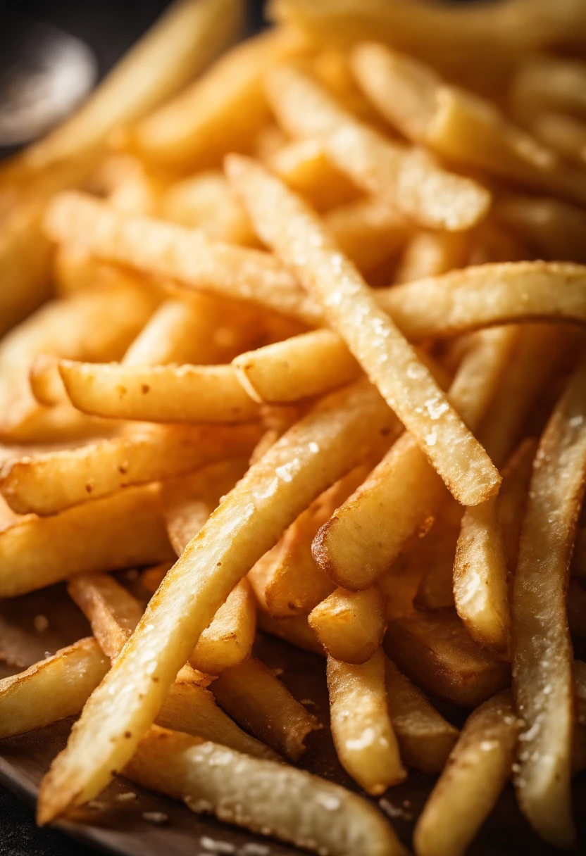 A high-resolution image of a plate of crispy, golden french fries, with the salt crystals glistening on their surface, capturing the irresistible appeal of this classic potato dish.