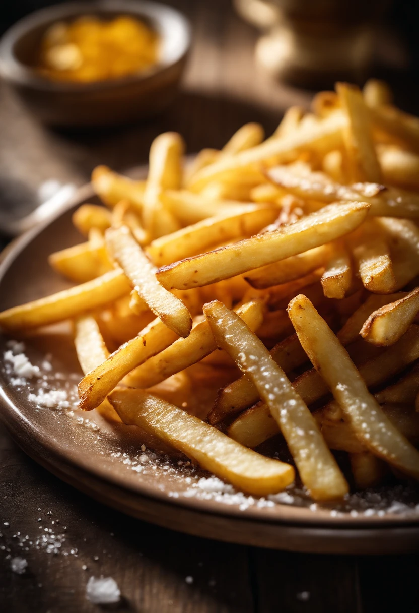 A high-resolution image of a plate of crispy, golden french fries, with the salt crystals glistening on their surface, capturing the irresistible appeal of this classic potato dish.
