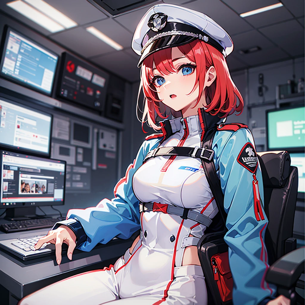 (((masterpiece、Top image quality、top-quality、highly detailed unity 8kwall-paper)))、(Illustration of one woman)、30-years old、(Viceroy)、((Red-haired shorthair))、(Thin hair hanging down both sides of the face)、Blue eyes、((Tall))、((Muscle Woman、stocky build、muscular legs、broad shoulders、solid chest))、((Military uniforms))、((Military Cap))、((Military coat))、(white clothes)、(White pants)、(White cap)、trench coat、、(((manspreading、Sitting in the captain's seat)))、(((Inside a futuristic spaceship、Surrounded by instruments and monitors、The Universe on the Monitor、Earth seen from space)))