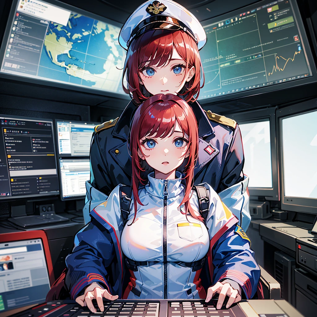 (((masterpiece、Top image quality、top-quality、highly detailed unity 8kwall-paper)))、(Illustration of one woman)、30-years old、(Viceroy)、((Red-haired shorthair))、(Thin hair hanging down both sides of the face)、Blue eyes、((Tall))、((Muscle Woman、stocky build、muscular legs、broad shoulders、solid chest))、((Military uniforms))、((Military Cap))、((Military coat))、(white clothes)、(White pants)、(White cap)、trench coat、、(((manspreading、Sitting in the captain's seat)))、(((Inside a futuristic spaceship、Surrounded by instruments and monitors、The Universe on the Monitor、Earth seen from space)))