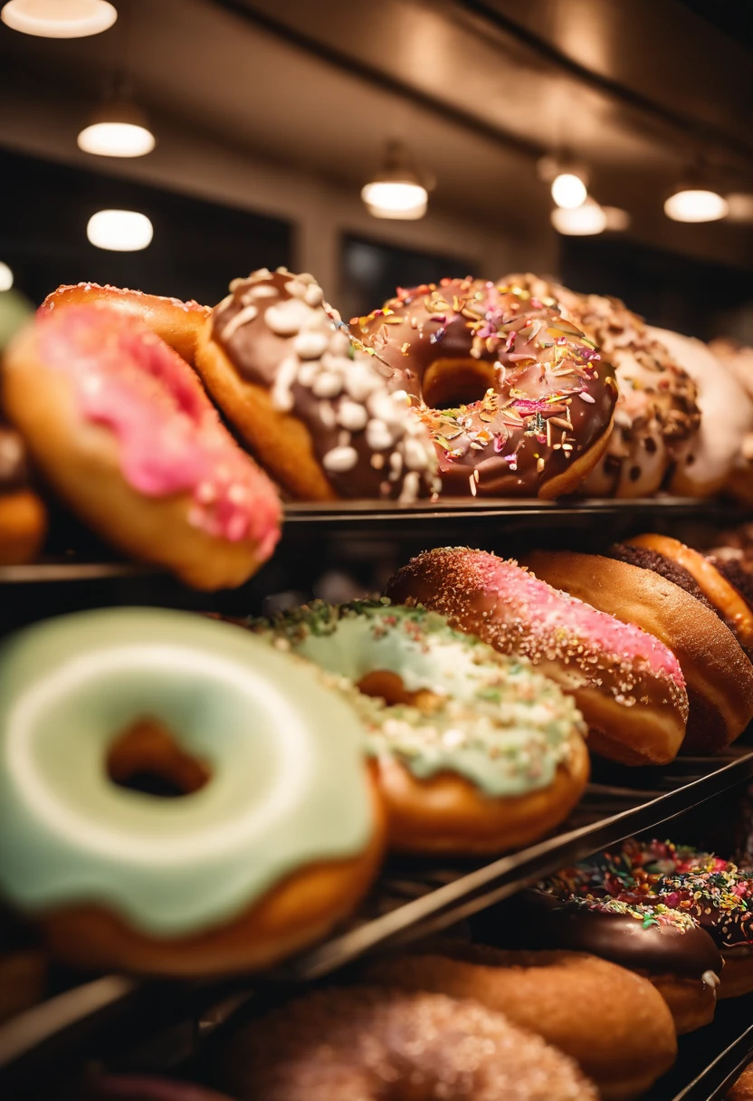 A high-resolution image of a donut shop display, with rows of perfectly round donuts in various flavors, colors, and designs, creating a visually inviting and tempting scene.