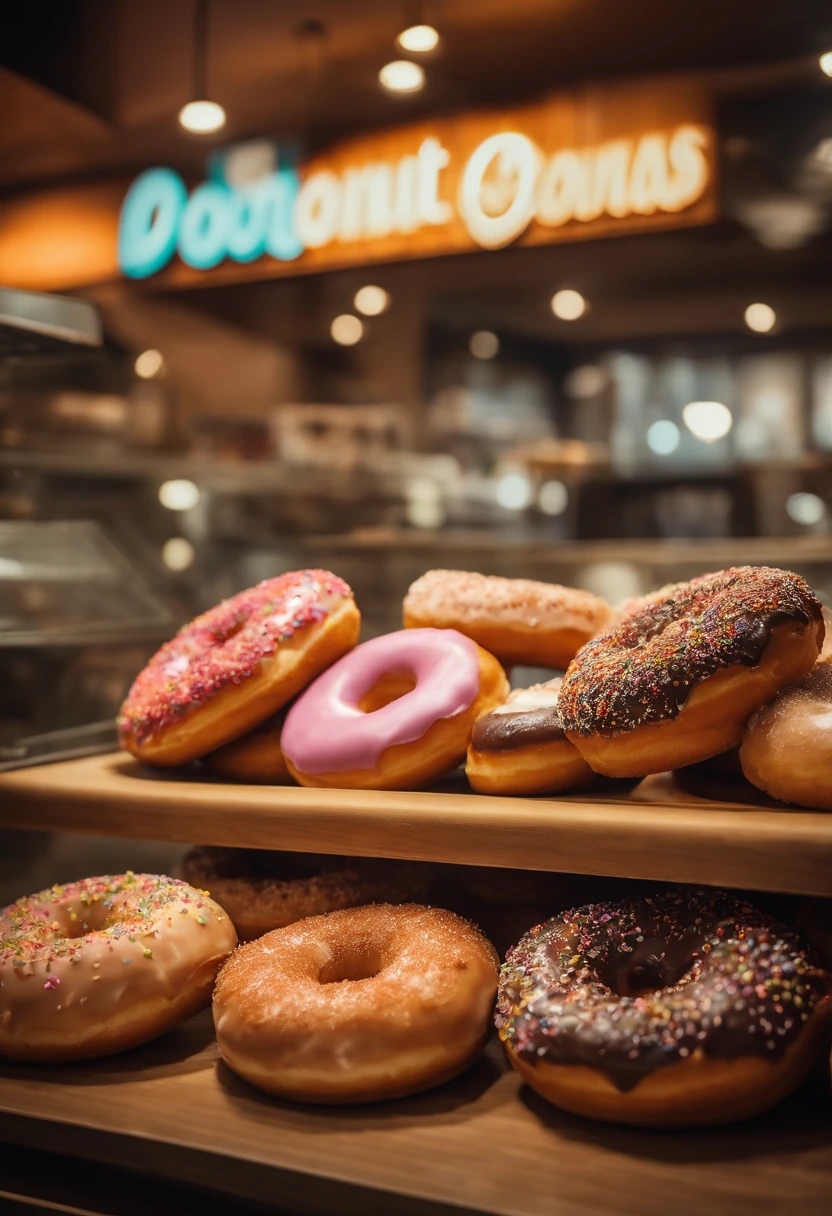 A high-resolution image of a donut shop display, with rows of perfectly round donuts in various flavors, colors, and designs, creating a visually inviting and tempting scene.