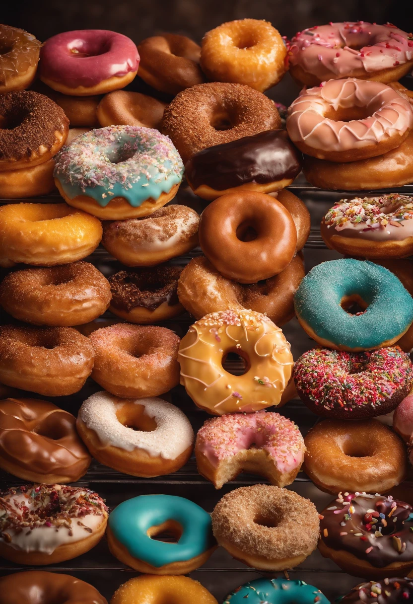 A high-resolution image of a donut shop display, with rows of perfectly round donuts in various flavors, colors, and designs, creating a visually inviting and tempting scene.