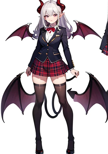(((Best Quality))) , ((full body)), reference sheet, solo, (white background), demon horns, succubus, mini skirt, violet outfit, blazer, ,Devil Wings，