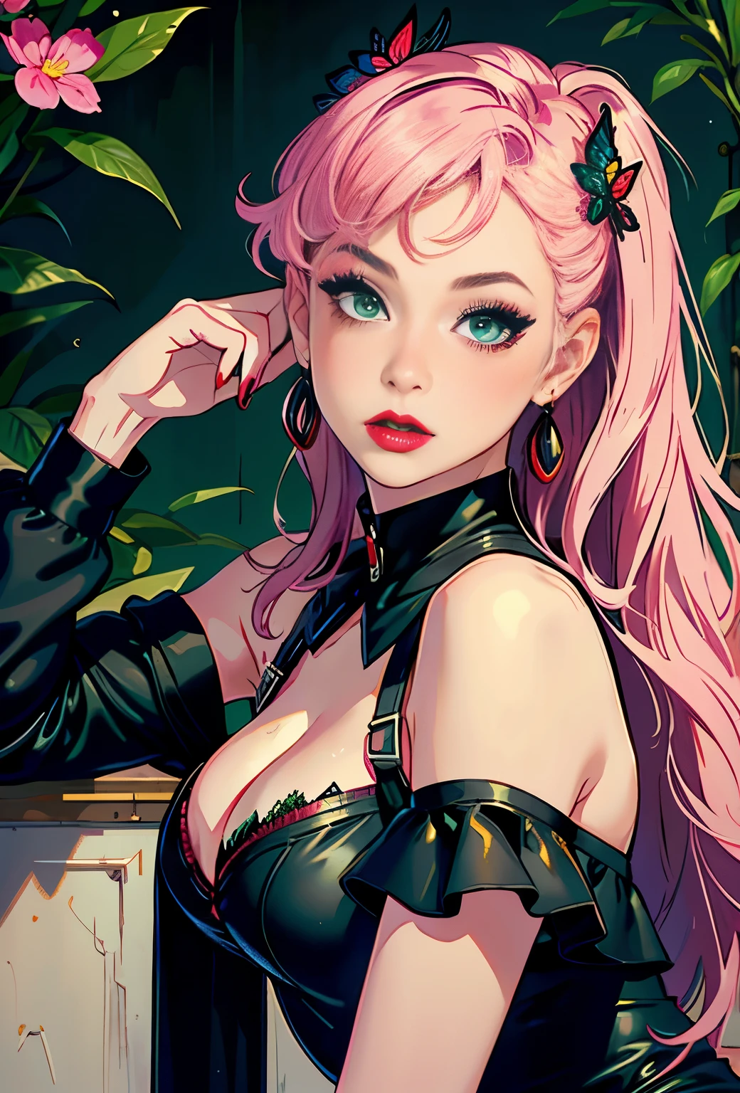 8k, solo, beautiful girl, black cat, makeup, blush, lipstick, red lips, portrait, realistic, green eyes, looking at the viewer, painting, butterflies, pink