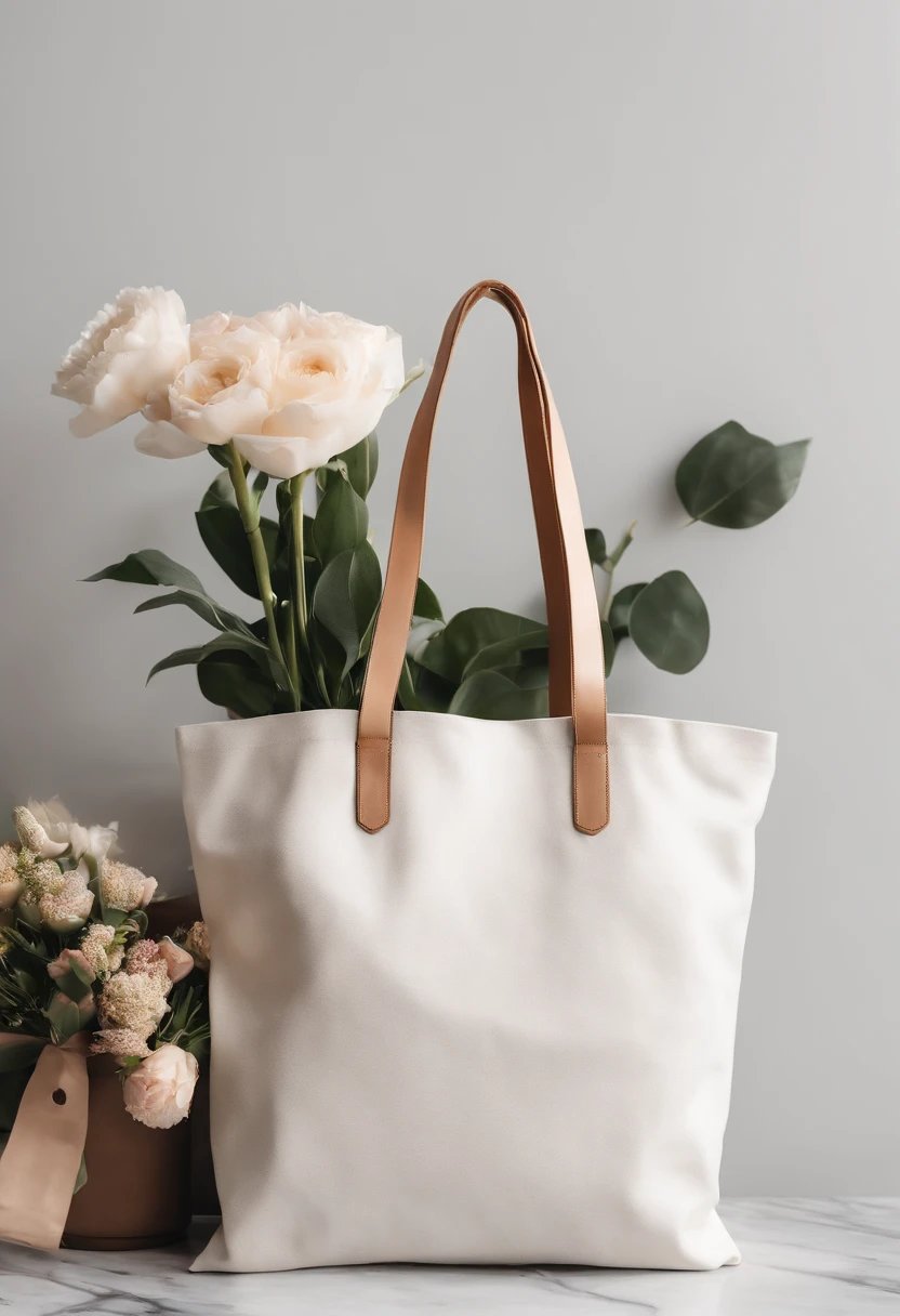 An aesthetic photo of a blank tote bag mockup placed on a marble countertop with fresh flowers and stylish accessories, showcasing its versatility as a fashion statement