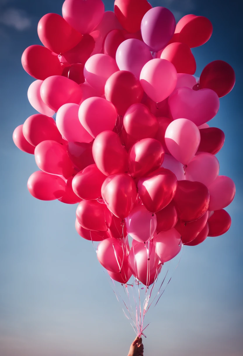 An aesthetic photo of an arrangement of heart-shaped balloons in various shades of pink and red against a bright, blue sky, creating a whimsical backdrop