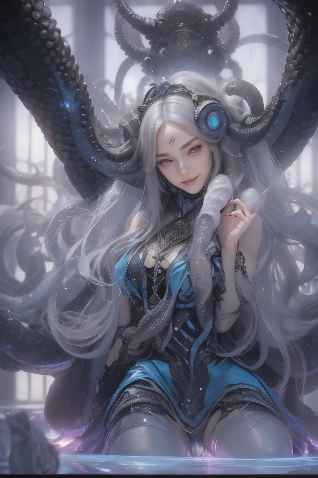 Portrait, (beautiful female alien:1.2),  (she has black eyes with no pupils:1.8), (Translucent skin:1.7),  (There is a female genital-like organ in the middle of the forehead.:1.6), (The most beautiful face in the history of the universe:1.2),an evil gaze that seduces, (large mouth:1.1), (sharp teeth like a vampire:1.2), Full body like, (bio luminescent:1.5), (Smile wickedly:1.3),  (sexypose:1.5), alien, No humans, cells are fused, (Lots of translucent tentacles:1.1) extraterrestrial, cell, bio image, Best Quality, 8K,4K_quality, High Definition, Dramatic Lighting, masutepiece:1.5,cinematic quality, detail up, (Intricate details:1.2), High resolution, High Definition, drawing faithfully, (Thick eyebrows:1.2), Beautiful eyes with fine symmetry,(Highly detailed face and eyes:1.2), Intimate face, (Super detailed skin quality feeling:1.4), Perfect Anatomy,  (Beautiful toned body:1.5),  (Moist skin:1.2), No makeup, (dark circles:1.1), long canines, cinematic drawing of characters, ultra high quality model, cinematic quality, detail up, (Intricate details:1.2), High resolution, High Definition, drawing faithfully, Official art, Unity 8K wall  , 8K Portrait, Best Quality, Very High resolution, ultra detailed artistic photography, midnight aura,  unreal enginee 5, Ultra Sharp Focus, art by alberto seveso, ArtGerm, Roisch, intricate artwork, best quality, masutepiece, ultra High resolution, (photos realistic:1.4), Ultra-realistic realism, dream-like,  nautilus, Creation of fantasy, Snail, Dream Snail,  biopunk nautilus, Thrilling color schemes， Ultra-realistic realism， seductively smiling, Blue tentacles,