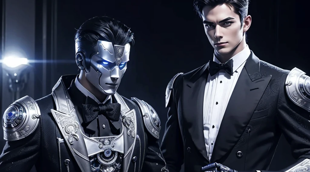 Handsome robot wearing butler costume，black white light，Extremely intricate details，Top quality，correct anatomy