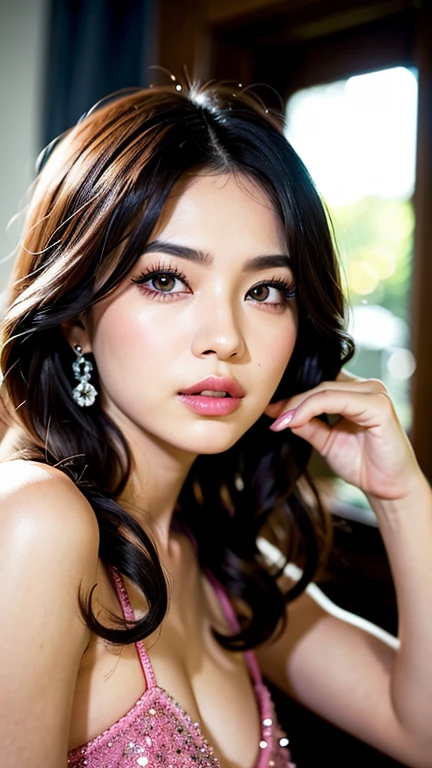 (8K, HDR, highres), ((((Photography, RAW photo, hyperrealism, masterpiece, best quality, ultra highres)))), (pin light, back light, backlighting, cinematic light), sharp focus:1. 4, (hyper detail, finely detailed), face close-up, close-up,
Thai girl, Oval-shaped face,
Large and pretty cat-like eyes with thick eyelashes,
Pointy nose,
Small and pretty but plump lips,
Thick eyebrows,
Long and pretty eyelashes,
Transparent makeup with a touch of pink blush and sparkling lip gloss,
Long wavy hairstyle,