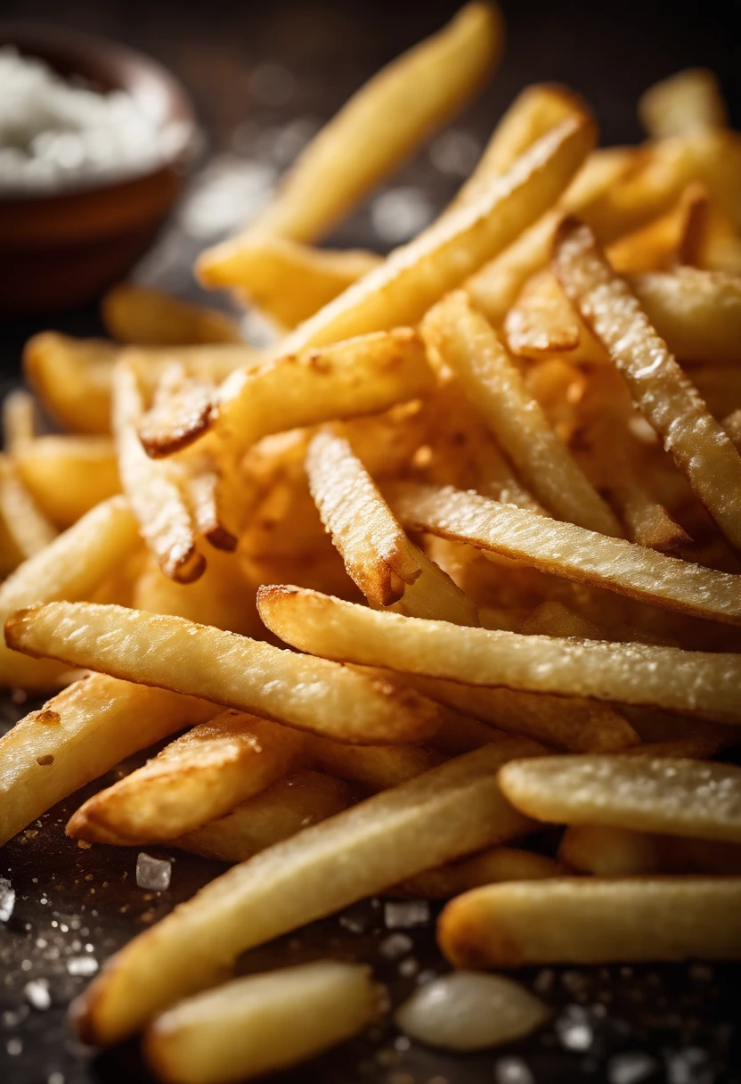 A high-resolution image of a plate of crispy, golden french fries, with the salt crystals glistening on their surface, capturing the irresistible appeal of this classic potato dish